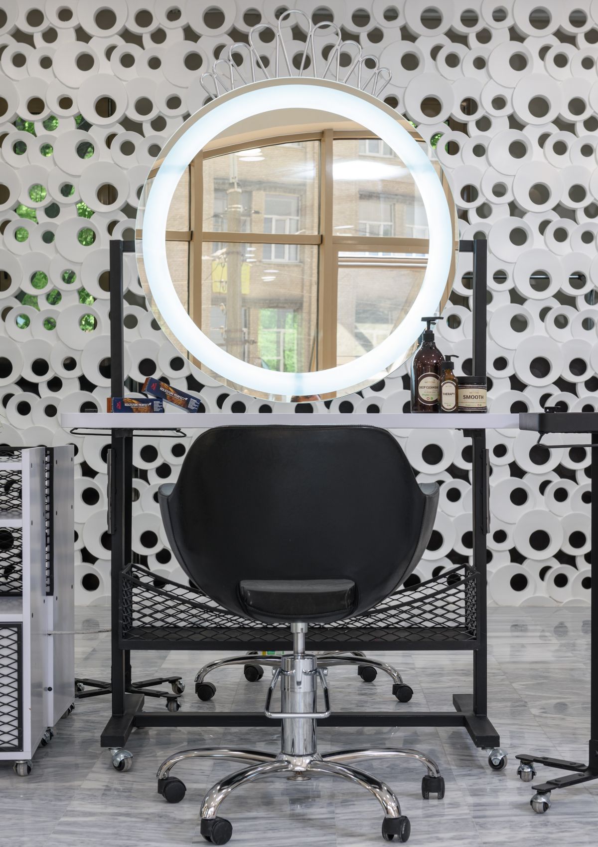 Salon workstation with mirror and chair